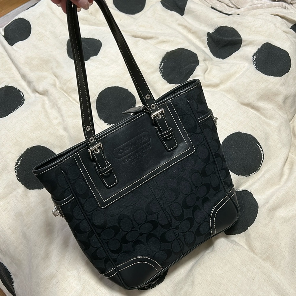 COACH Legacy Signature Black Canvas Leather Trim Turnlock Zipper Tote Bag